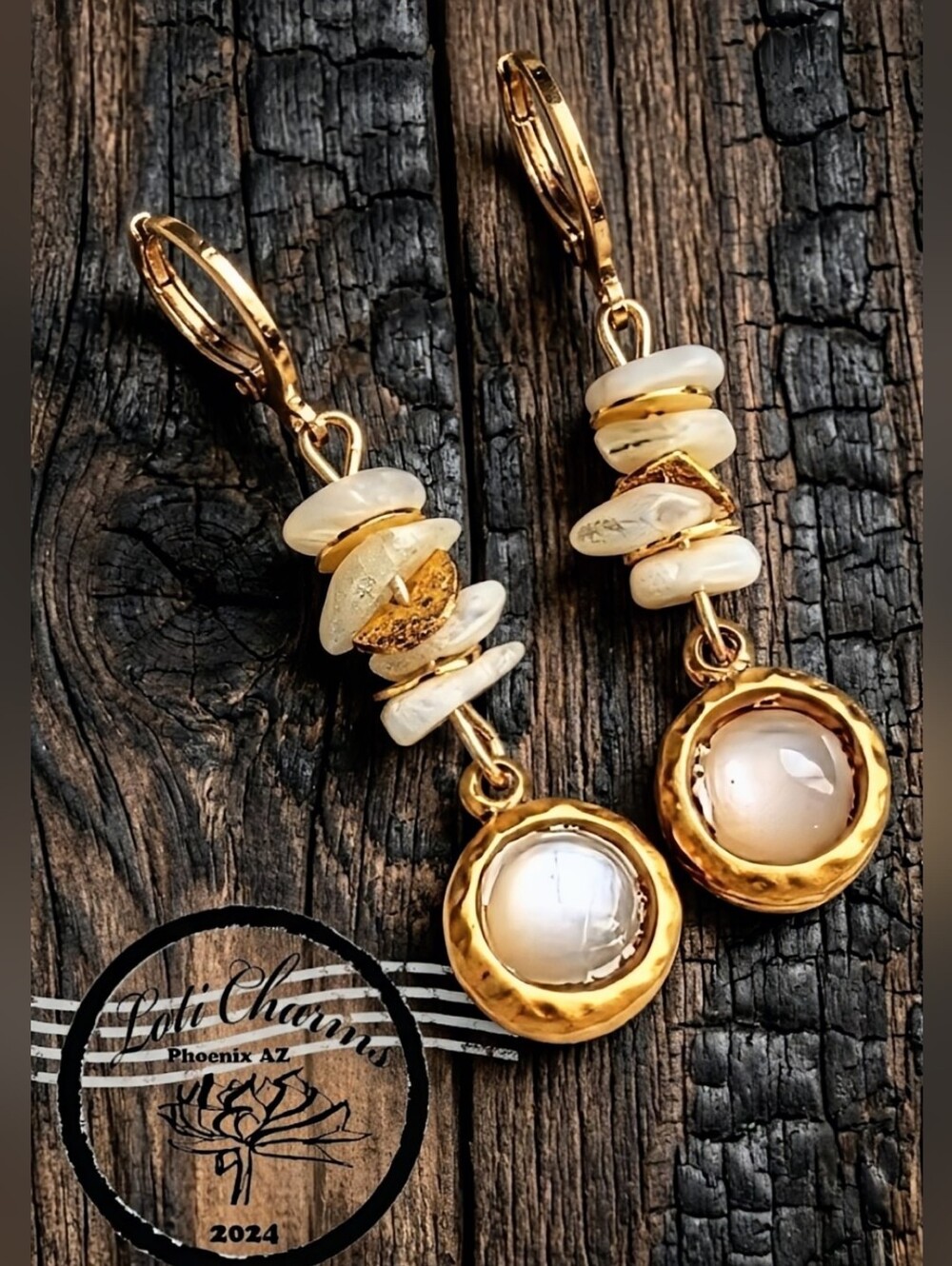 White Moonstone In Hammered Gold Plated Handmade Artisan Drop Down Earrings